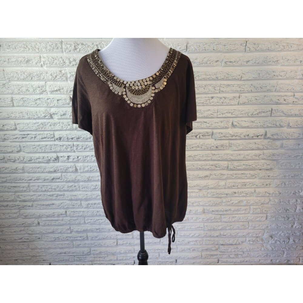 Style & Co Plus 1X Brown Studded Cotton Top Blouse Cap Sleeve Casual BRO31E